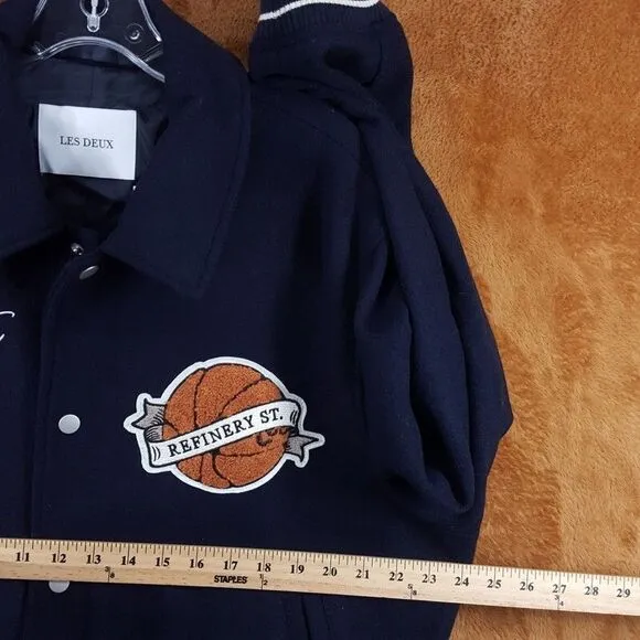 LES DEUX Varsity Jacket Mens XL Navy Snap Button Wool Basketball Sneakers $439