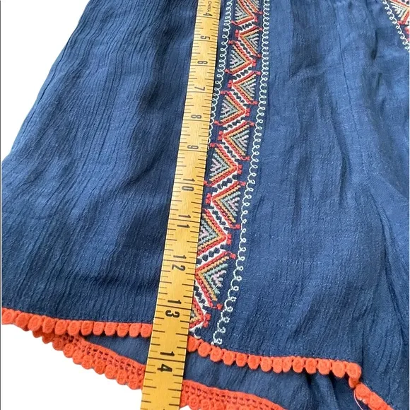 Letarte Handmade Maui Blue Off the Shoulder Shorts Romper with Pompom Trim, S