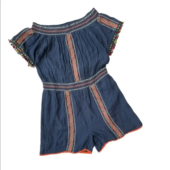 Letarte Handmade Maui Blue Off the Shoulder Shorts Romper with Pompom Trim, S