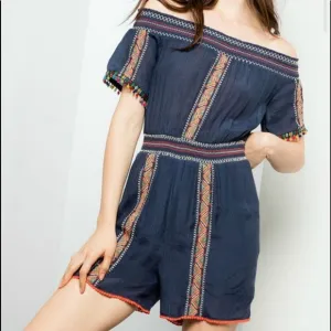 Letarte Handmade Maui Blue Off the Shoulder Shorts Romper with Pompom Trim, S
