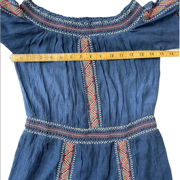 Letarte Handmade Maui Blue Off the Shoulder Shorts Romper with Pompom Trim, S