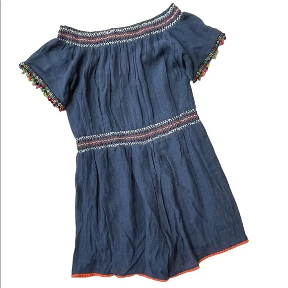 Letarte Handmade Maui Blue Off the Shoulder Shorts Romper with Pompom Trim, S