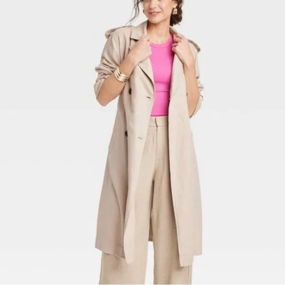 Linen belted trench coat -khaki neutral tan color, midi length, button front