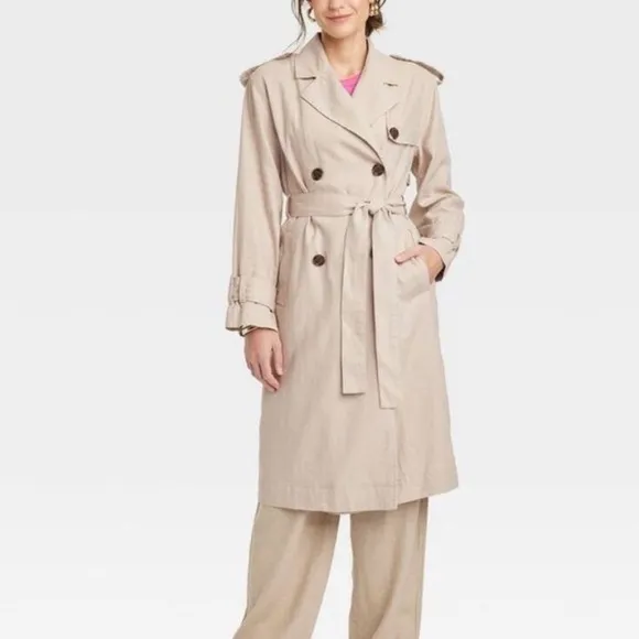 Linen belted trench coat -khaki neutral tan color, midi length, button front