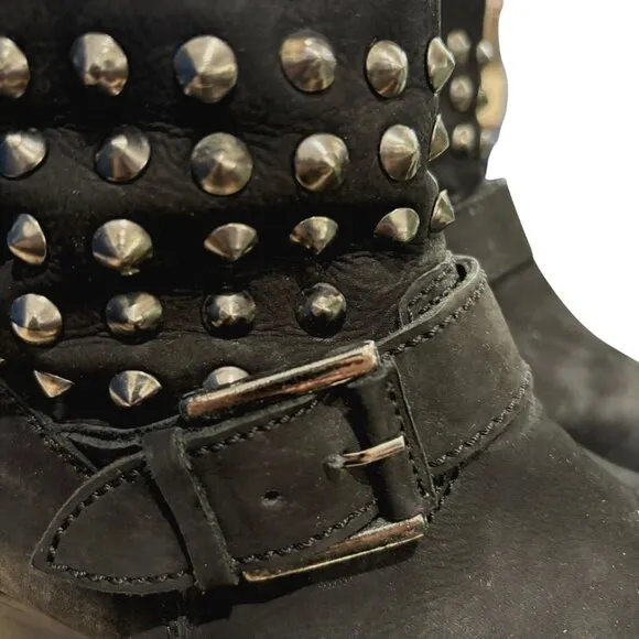 LOLA CRUZ Studded Harness Moto Boot 38 7.5 Ankle Biker 1.5&quot; Low Heel Anthro Punk