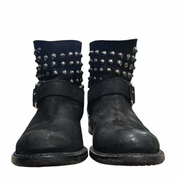 LOLA CRUZ Studded Harness Moto Boot 38 7.5 Ankle Biker 1.5&quot; Low Heel Anthro Punk