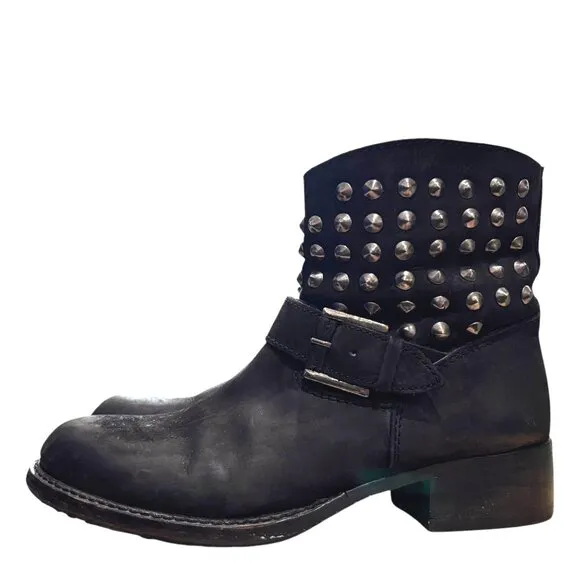 LOLA CRUZ Studded Harness Moto Boot 38 7.5 Ankle Biker 1.5&quot; Low Heel Anthro Punk