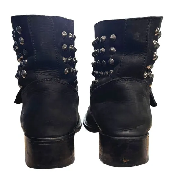 LOLA CRUZ Studded Harness Moto Boot 38 7.5 Ankle Biker 1.5&quot; Low Heel Anthro Punk