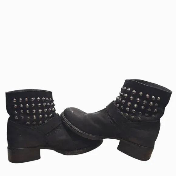 LOLA CRUZ Studded Harness Moto Boot 38 7.5 Ankle Biker 1.5&quot; Low Heel Anthro Punk