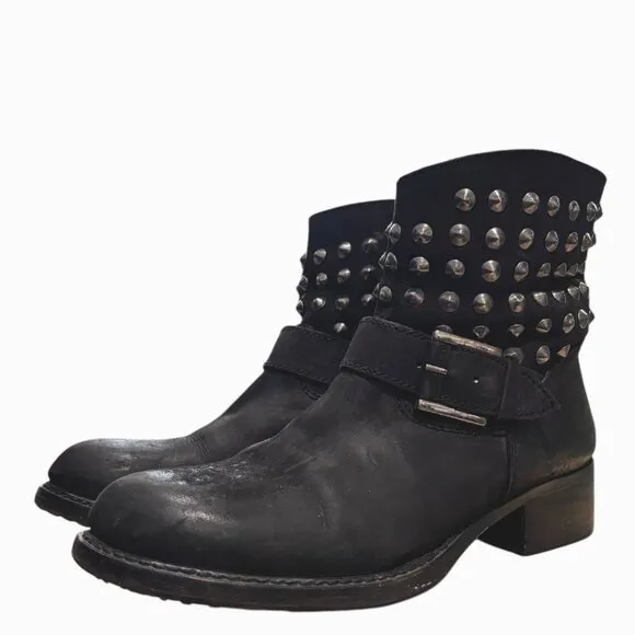 LOLA CRUZ Studded Harness Moto Boot 38 7.5 Ankle Biker 1.5&quot; Low Heel Anthro Punk