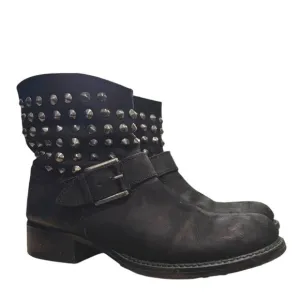 LOLA CRUZ Studded Harness Moto Boot 38 7.5 Ankle Biker 1.5&quot; Low Heel Anthro Punk