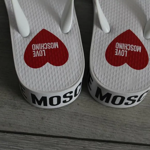 Love Moschino Eva Red Heart Logo White Platform Flip-Flop Thong Sandal