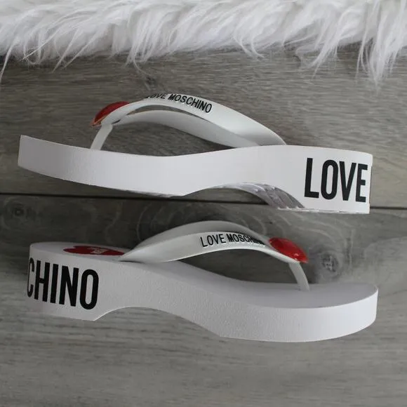 Love Moschino Eva Red Heart Logo White Platform Flip-Flop Thong Sandal
