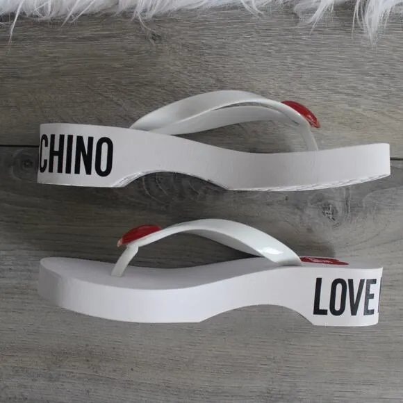 Love Moschino Eva Red Heart Logo White Platform Flip-Flop Thong Sandal