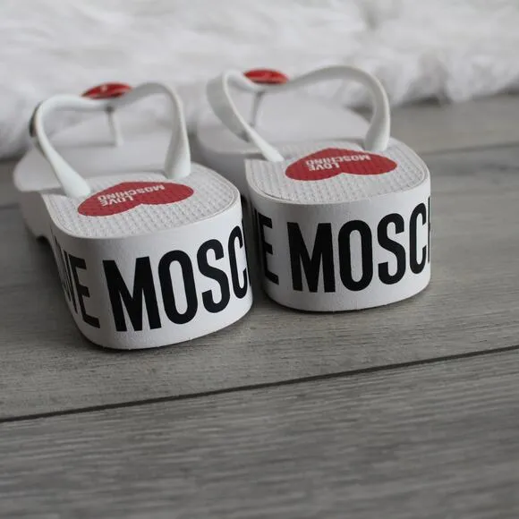 Love Moschino Eva Red Heart Logo White Platform Flip-Flop Thong Sandal