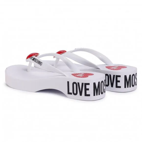 Love Moschino Eva Red Heart Logo White Platform Flip-Flop Thong Sandal