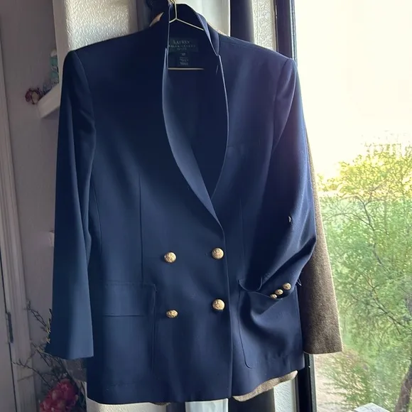 LRL CLASSIC RALPH LAUREN WOOL NAVY GOLD vintage BLAZER size 10 Petite