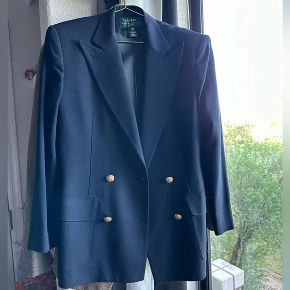 LRL CLASSIC RALPH LAUREN WOOL NAVY GOLD vintage BLAZER size 10 Petite