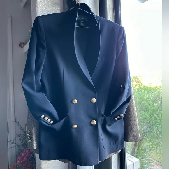 LRL CLASSIC RALPH LAUREN WOOL NAVY GOLD vintage BLAZER size 10 Petite