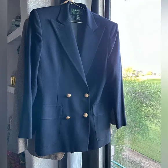 LRL CLASSIC RALPH LAUREN WOOL NAVY GOLD vintage BLAZER size 10 Petite