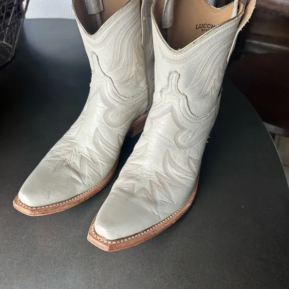 Lucchese Cream Heeled Boots with Western Stitching