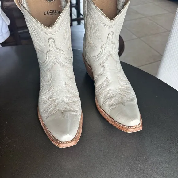 Lucchese Cream Heeled Boots with Western Stitching