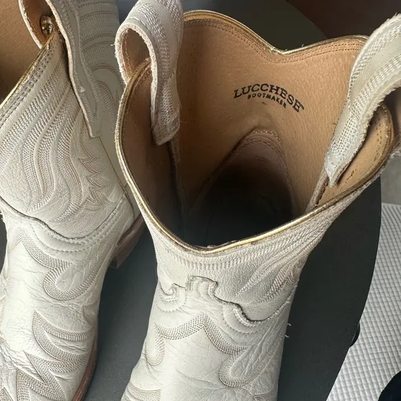 Lucchese Cream Heeled Boots with Western Stitching