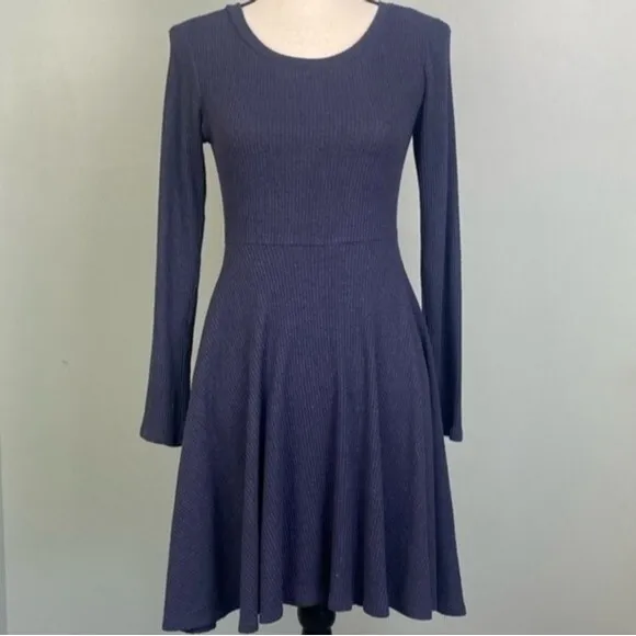 Lulus Fit and Fair Navy Ribbed Long Sleeve Skater Dress size S