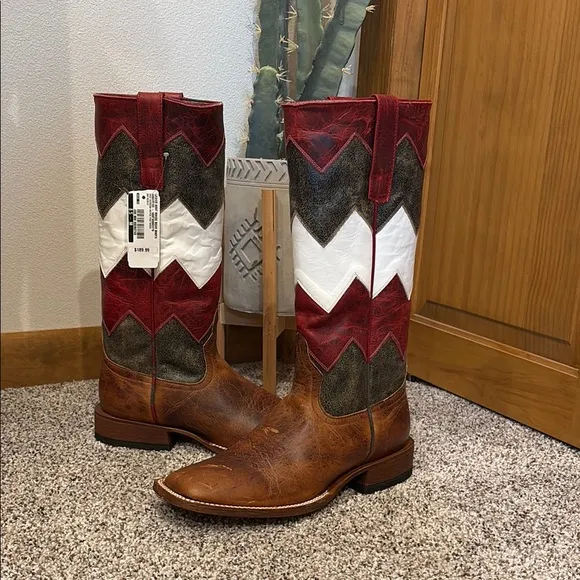 Macie Bean Western Cowboy Boots Brown Red Chevron