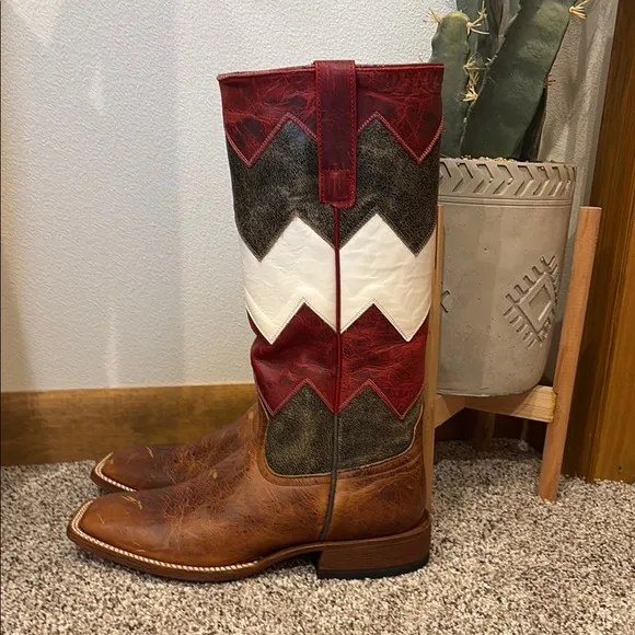 Macie Bean Western Cowboy Boots Brown Red Chevron