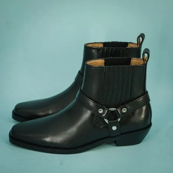 Madewell Size 8.5 Santiago Black Leather Western Moto Ankle Bootie Boots NEW