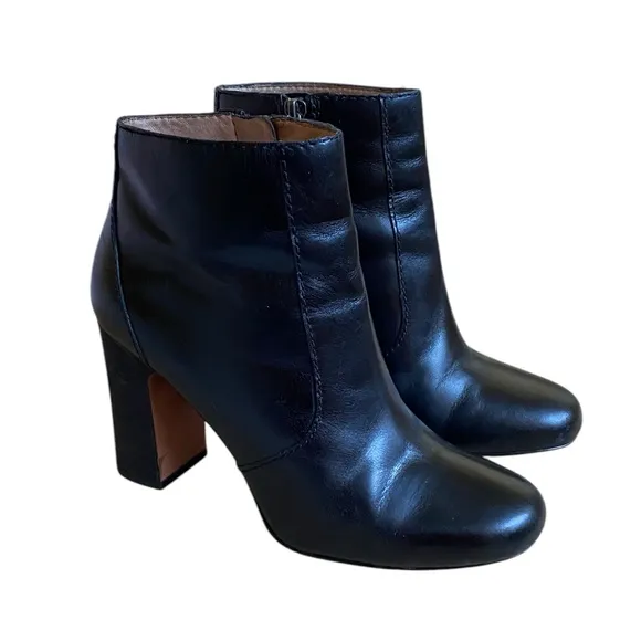 Madewell Sutton Leather Ankle Boots Booties Sz 6.5 Black Block Heel Side Zipper