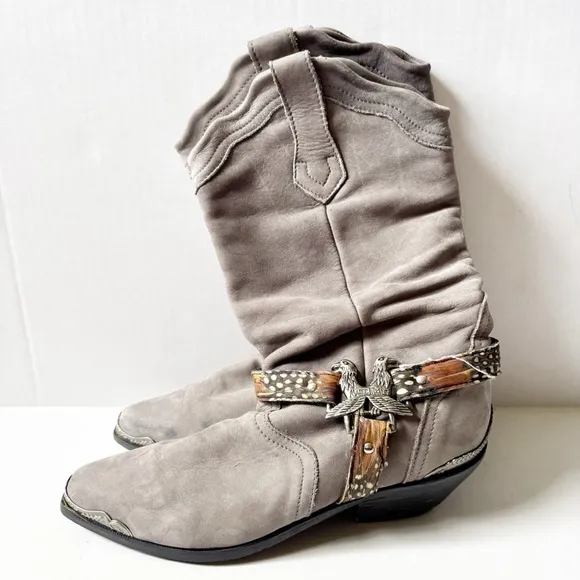 Maine Woods deer skin gray leather eagle harness cowboy boots ladies 7.5 m