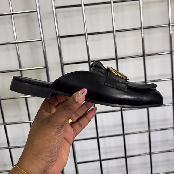 Maje Leather Fringe Trim Accent Mules with golden buckle size 40