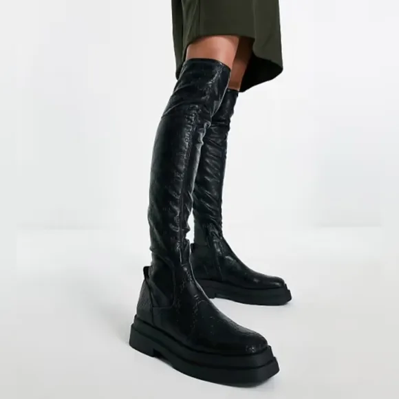 Mango MNG Over the Lnee Chain Embossed Boots Black Size 39/9 US