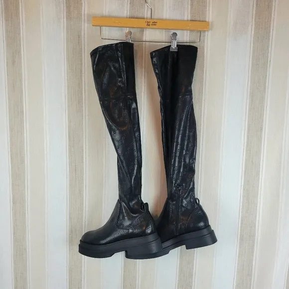 Mango MNG Over the Lnee Chain Embossed Boots Black Size 39/9 US