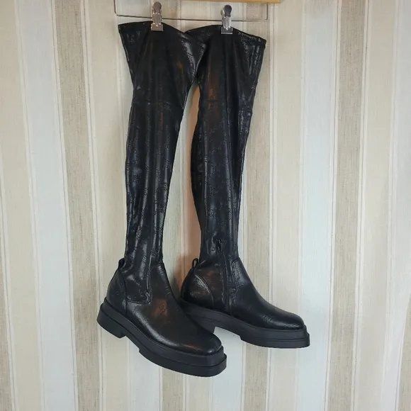 Mango MNG Over the Lnee Chain Embossed Boots Black Size 39/9 US