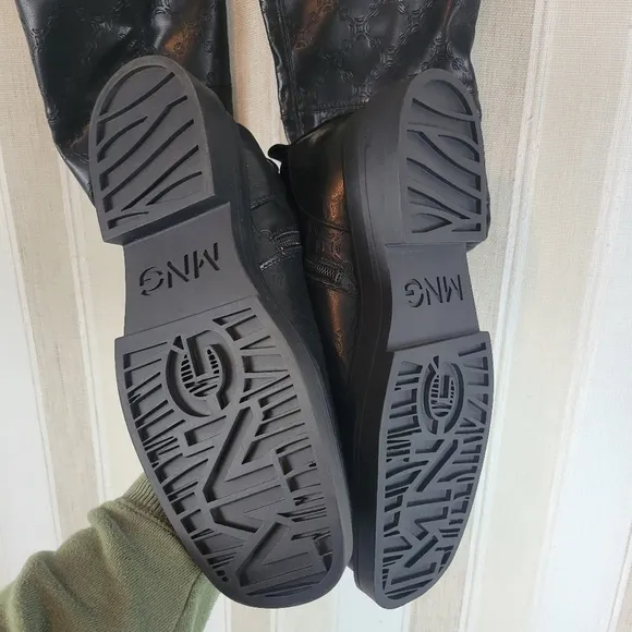 Mango MNG Over the Lnee Chain Embossed Boots Black Size 39/9 US