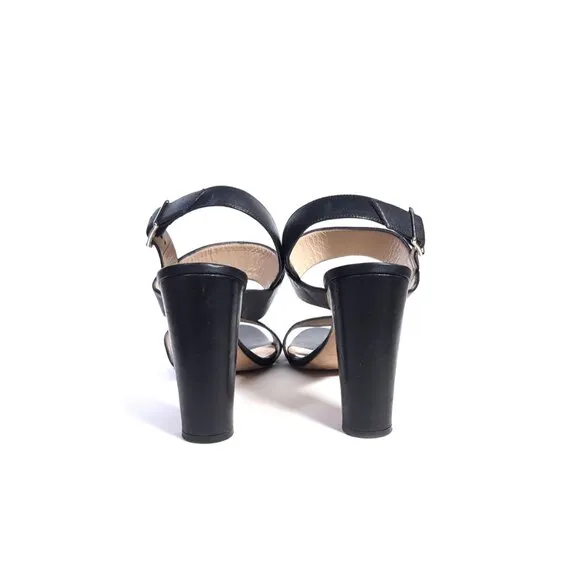 Manolo Blahnik Sandals Black Leather 'Khan' 4.25&quot; Block Heels SZ 40 | 9