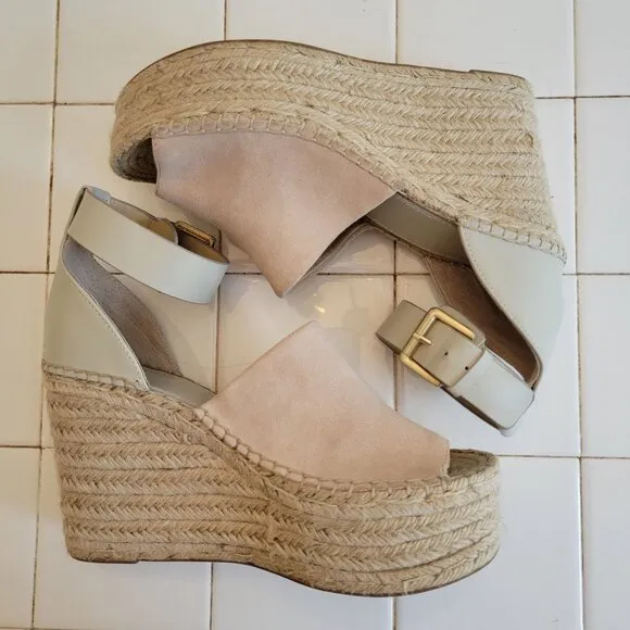 Marc Fisher 8.5M Leather Wedge Espadrille Jute Sandals Platforms Alida Ivory Mul