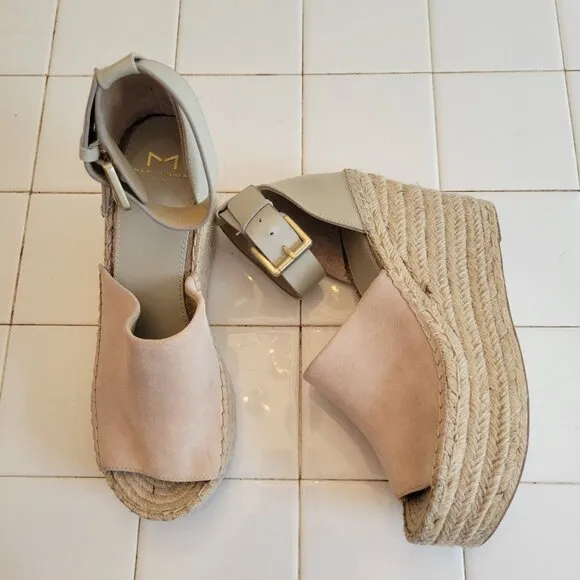 Marc Fisher 8.5M Leather Wedge Espadrille Jute Sandals Platforms Alida Ivory Mul