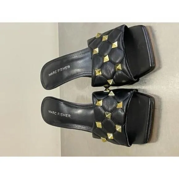 MARC FISHER Black Gold Rockstud Quilted Dacorin Slides Sandals Women's Sz 8