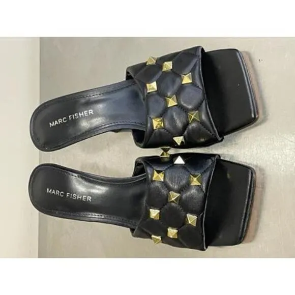 MARC FISHER Black Gold Rockstud Quilted Dacorin Slides Sandals Women's Sz 8