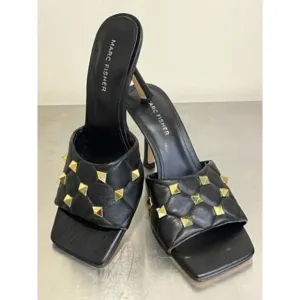 MARC FISHER Black Gold Rockstud Quilted Dacorin Slides Sandals Women's Sz 8