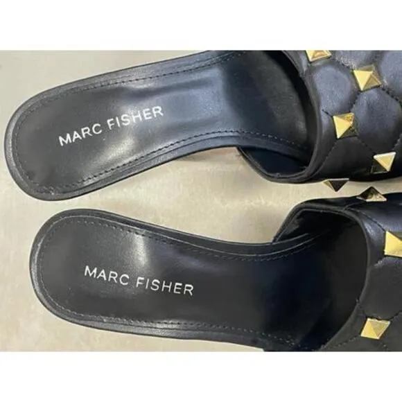 MARC FISHER Black Gold Rockstud Quilted Dacorin Slides Sandals Women's Sz 8