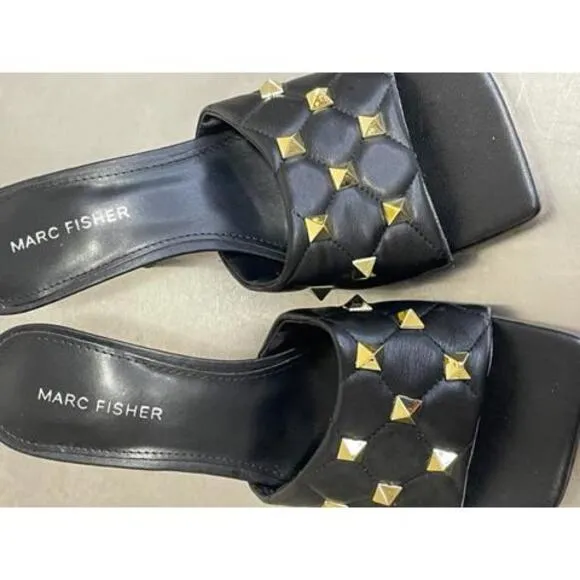MARC FISHER Black Gold Rockstud Quilted Dacorin Slides Sandals Women's Sz 8