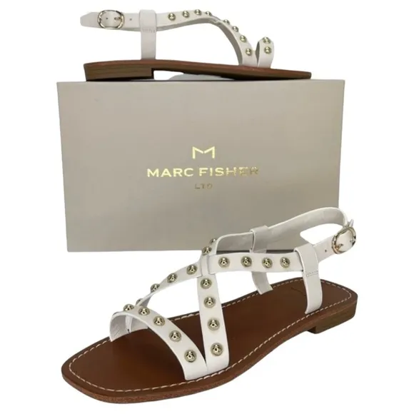 Marc Fisher Fianna White Leather Gold Studded Womens Sandals Size 7.5M