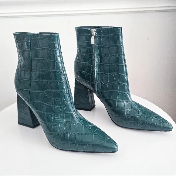 Marc Fisher Kulika green croc embosed pointed toe leather ankle boots