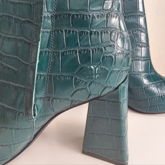 Marc Fisher Kulika green croc embosed pointed toe leather ankle boots