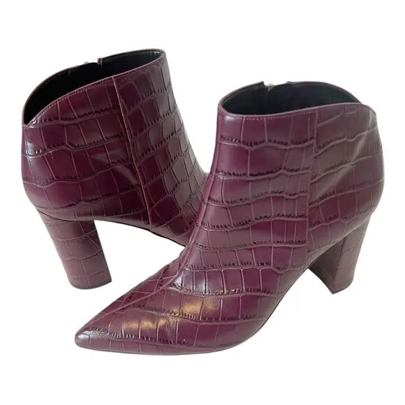 Marc Fisher Unno Embossed Croc Leather Plum Pointed Toe Ankle Boots Size 7.5